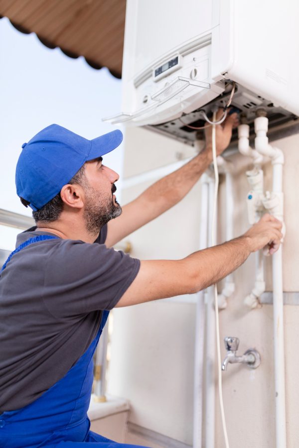 Boiler technician working in home.